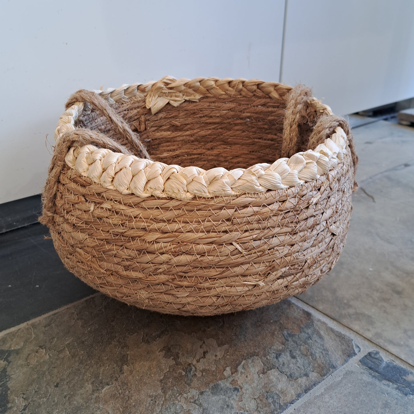 Round basket with cream braid trim