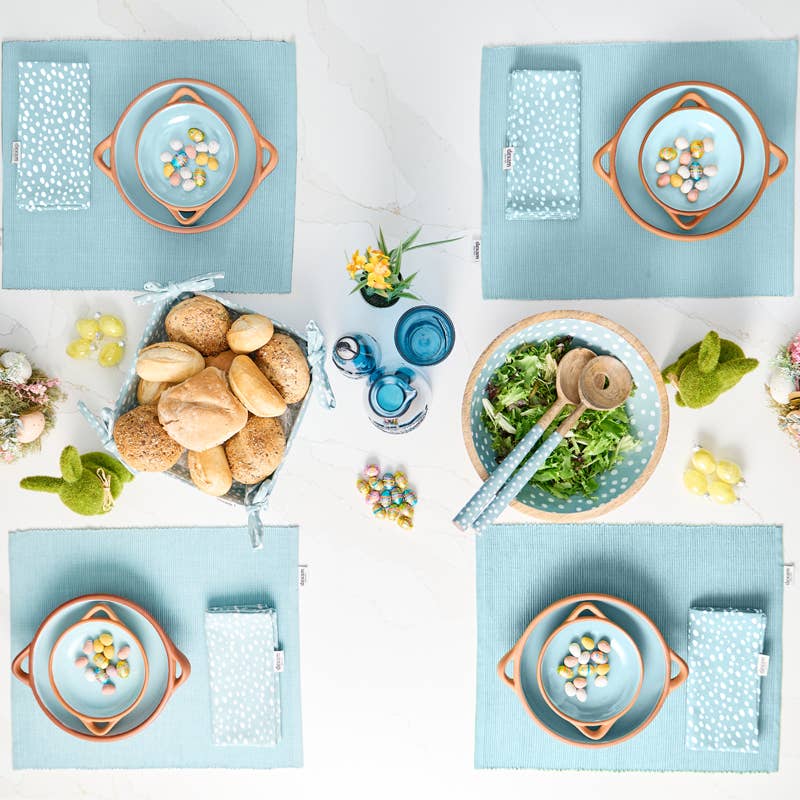 Small glazed terracotta tapas dish in duck egg blue