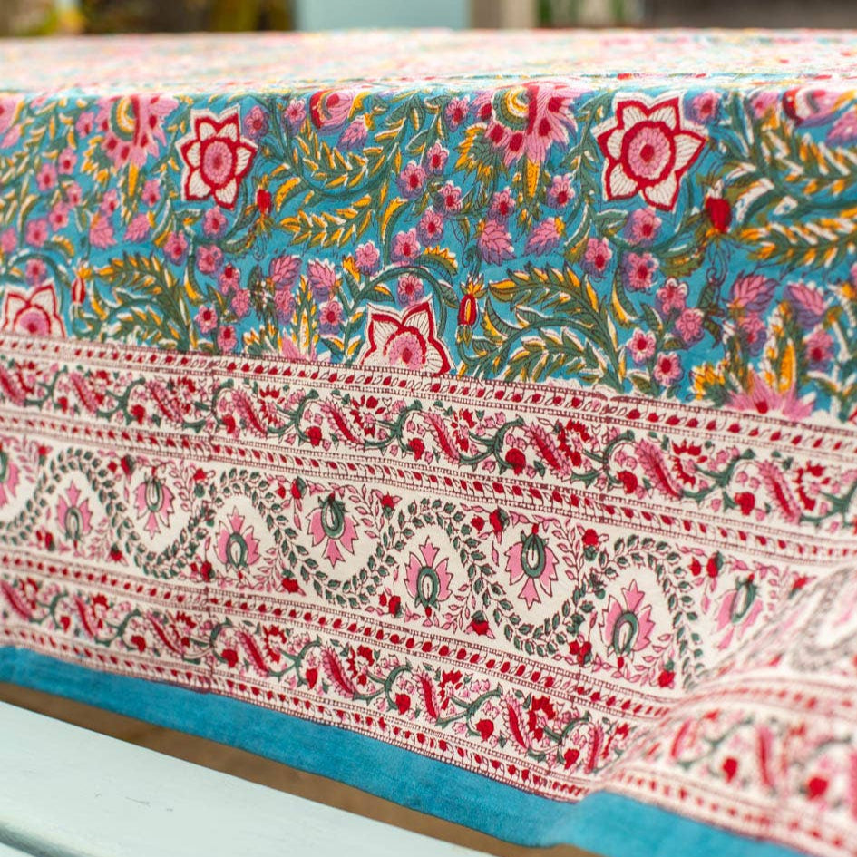 Turquoise with pink flowers tablecloth