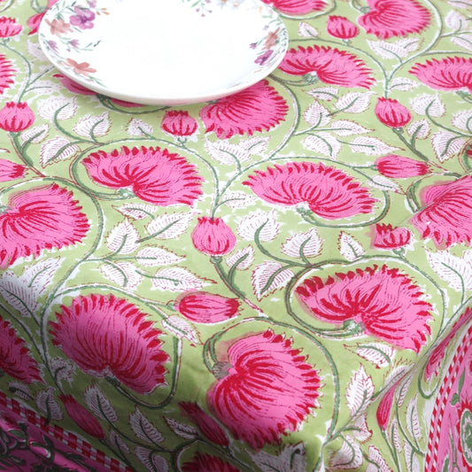 Green & pnk lotus block print tablecloth
