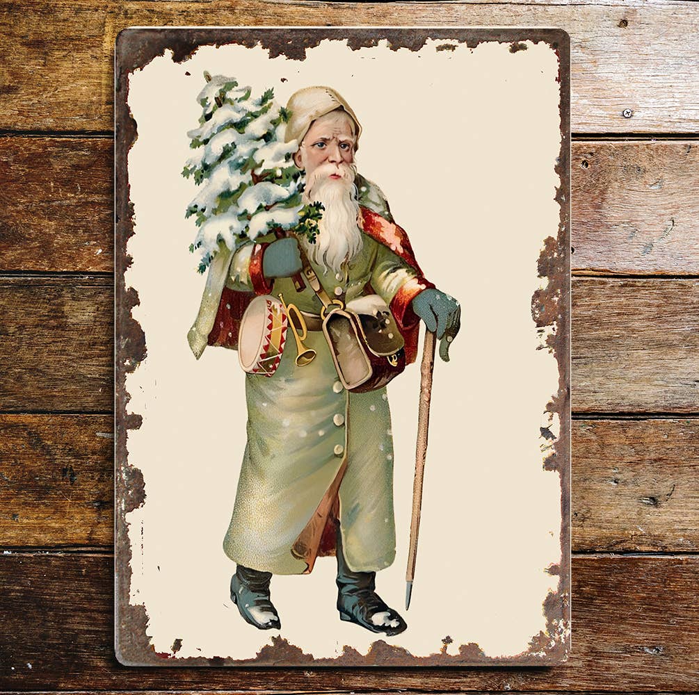 Santa in Green  with Christmas tree metal wall sign