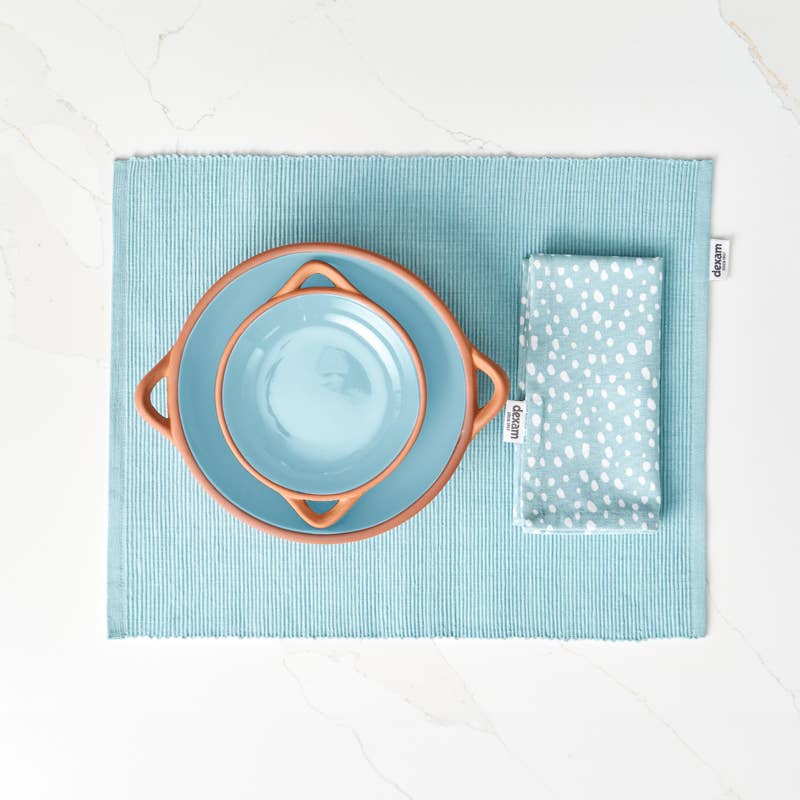 Small glazed terracotta tapas dish in duck egg blue