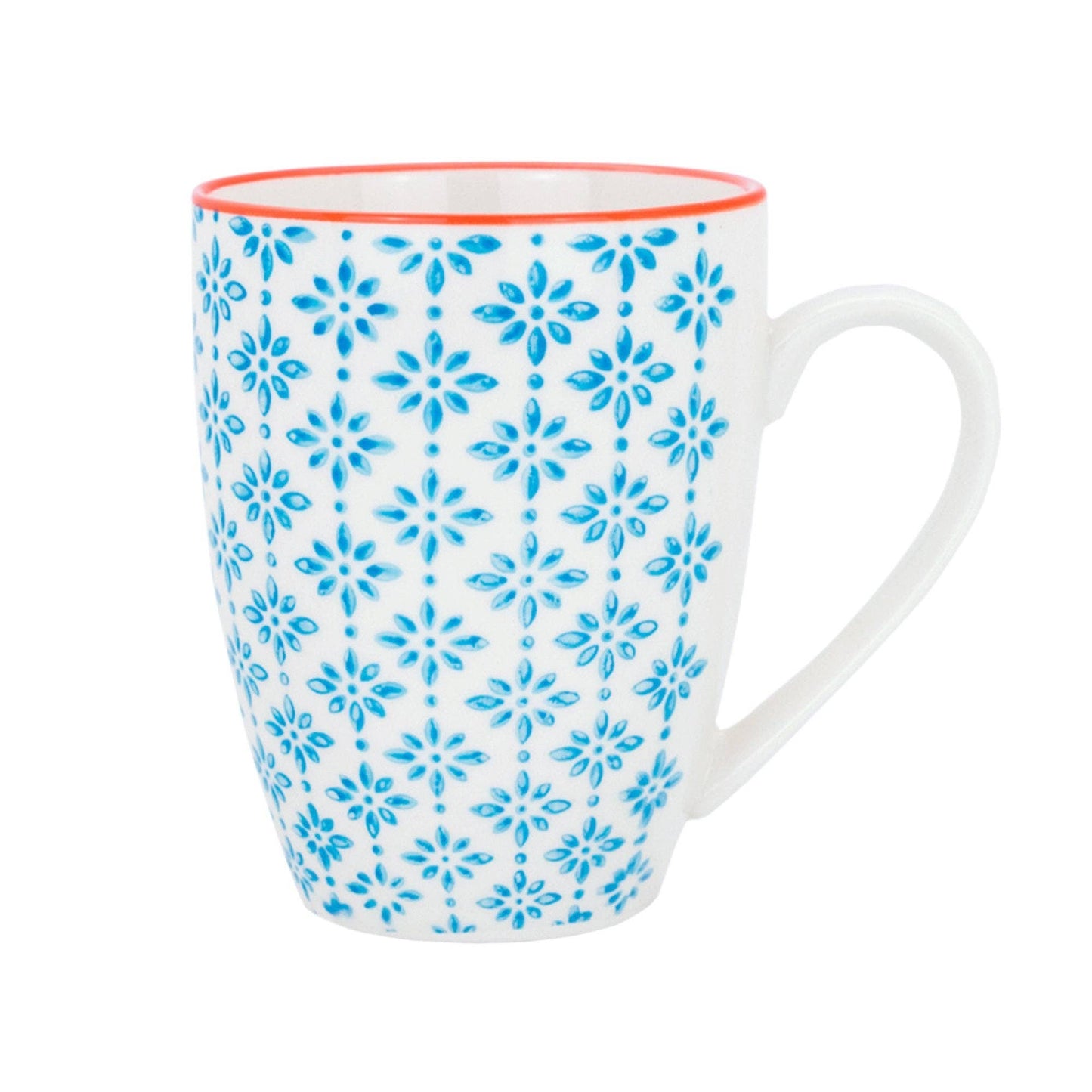 Blue pattern mug with orange trim