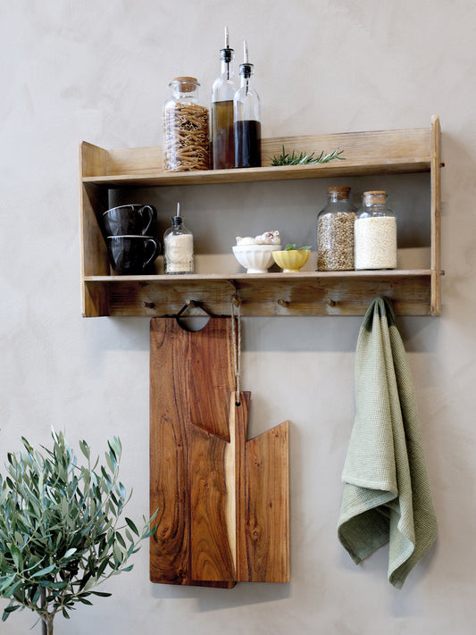 Wooden shelves with hooks