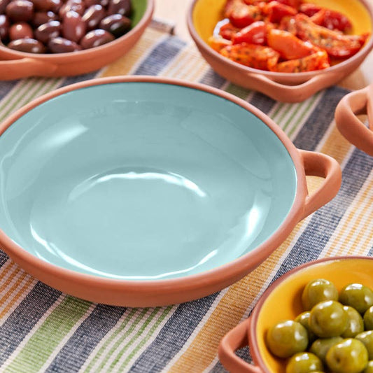 Glazed terracotta tapas dish in duck egg blue
