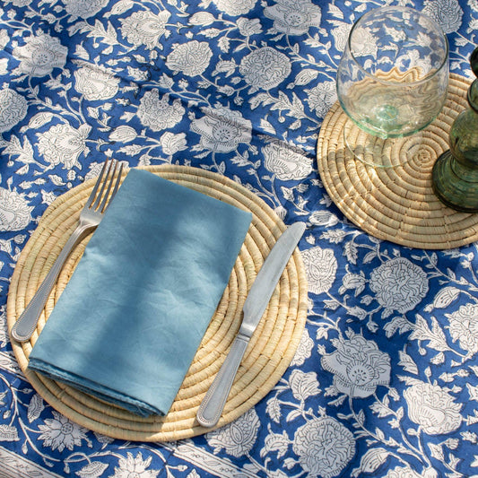 Navy and white tablecloth