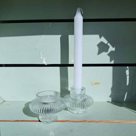 Clear glass two way candle holder