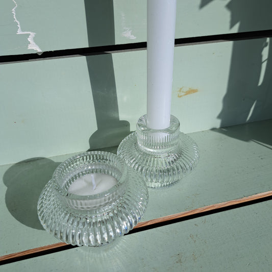 Clear glass two way candle holder