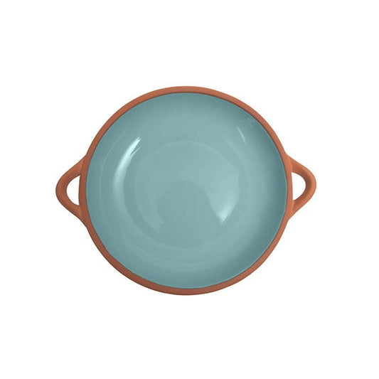 Glazed terracotta tapas dish in duck egg blue