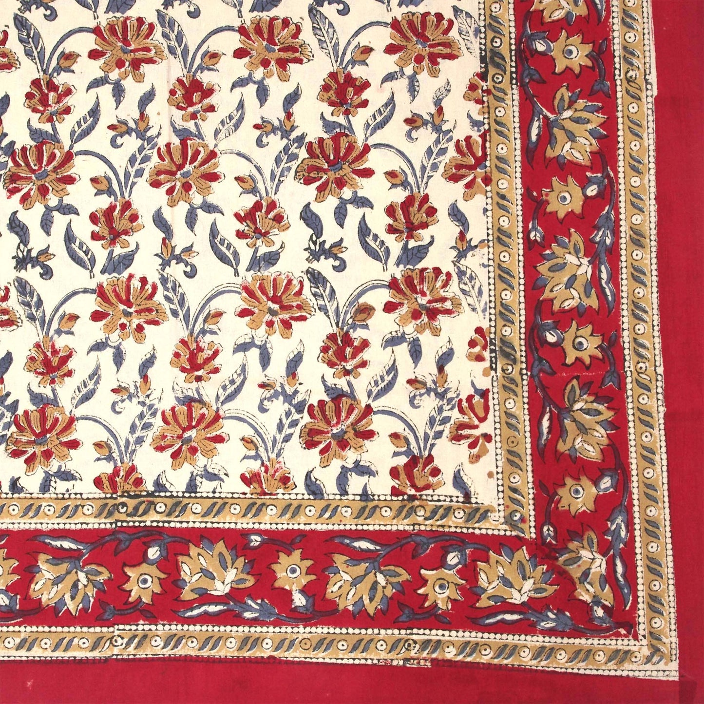 Red, blue and cream floral tablecloth