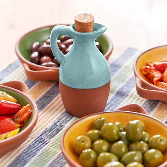 Glazed terracotta oil drizzler in duck egg blue