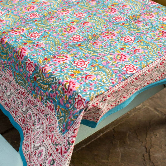 Turquoise with pink flowers tablecloth