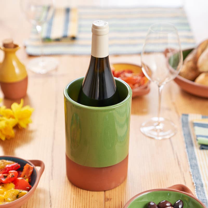 Glazed terracotta wine cooler in green