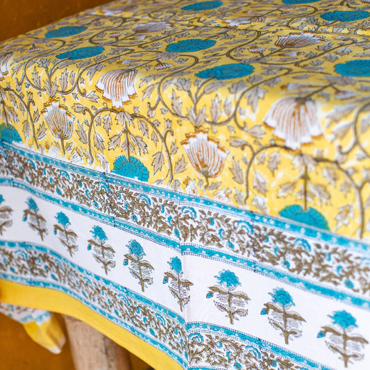 Turquoise and yellow tablecloth