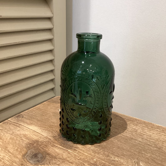 Fleur de Lis glass bottle in green