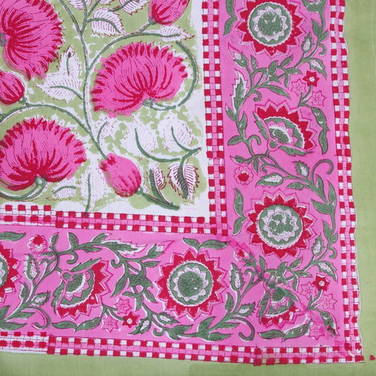 Green & pink lotus block print tablecloth