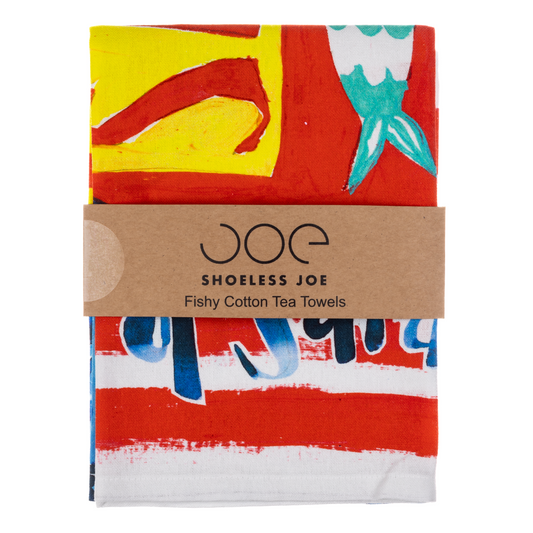 Tin of sardines colourful print on a cotton tea towel on a white background
