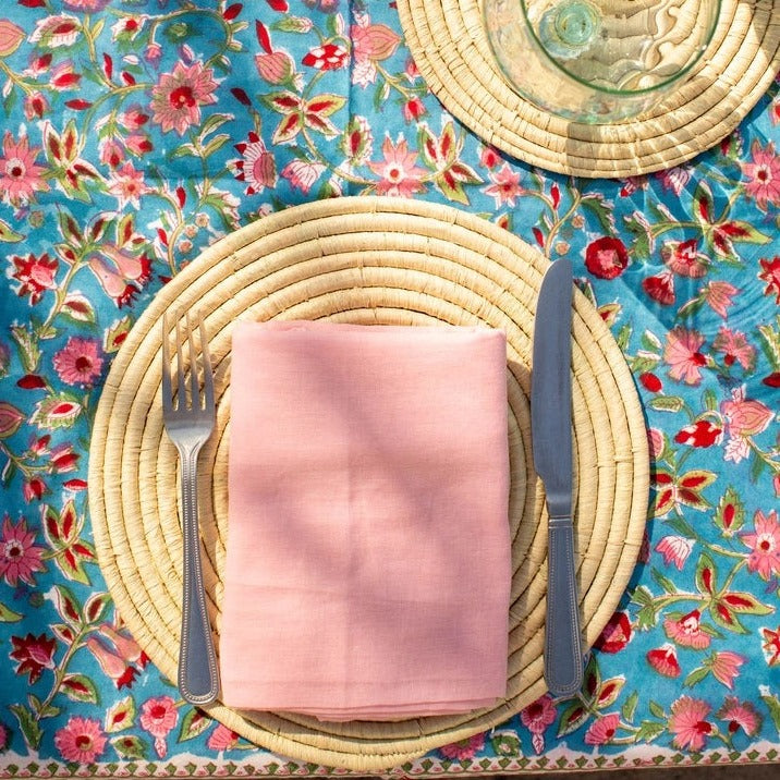 Turquoise and pink block printed tablecloth