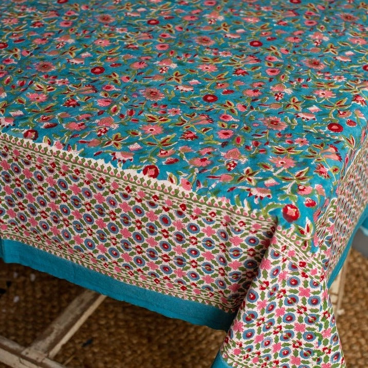 Turquoise and pink block printed tablecloth