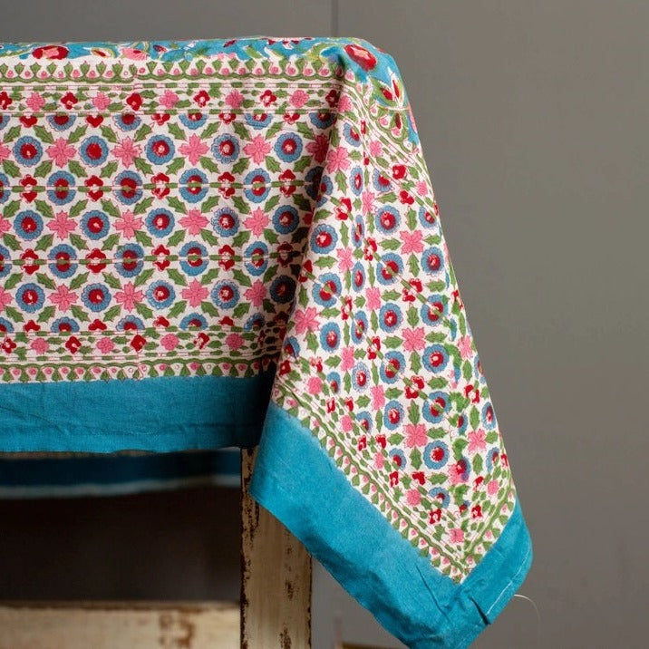 Turquoise and pink block printed tablecloth