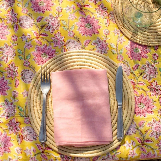 Yellow and pink block printed tablecloth