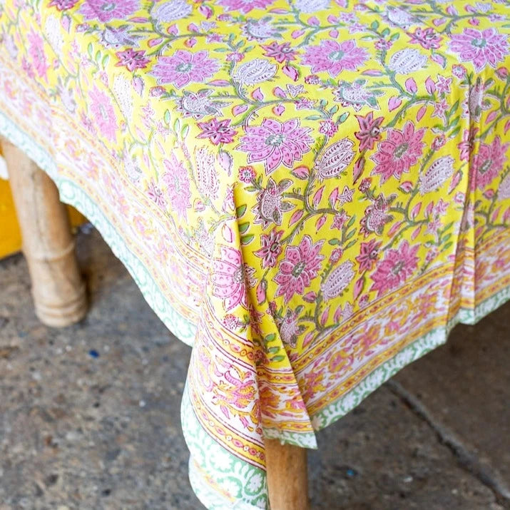 Yellow and pink block printed tablecloth