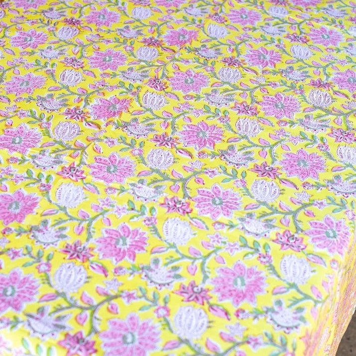 Yellow and pink block printed tablecloth