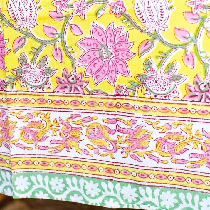 Yellow and pink block printed tablecloth