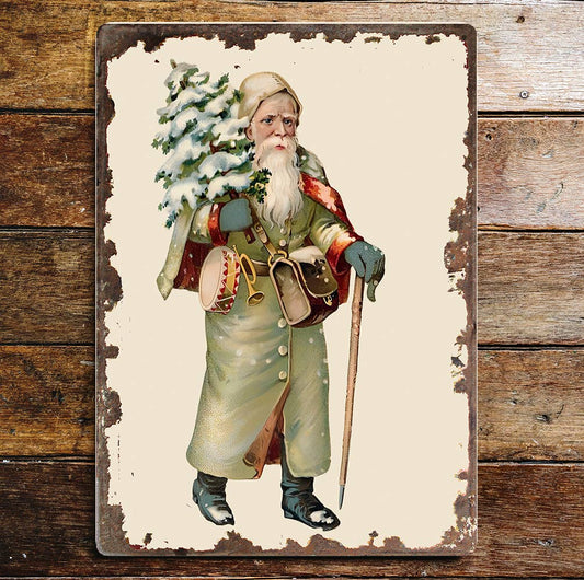 Santa in Green  with Christmas tree metal wall sign