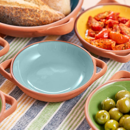 Small glazed terracotta tapas dish in duck egg blue