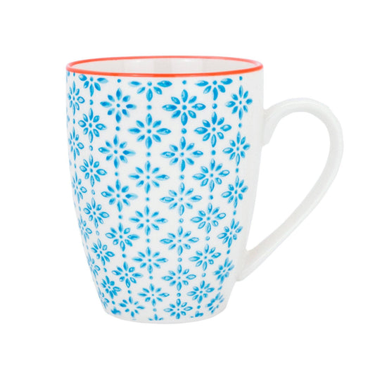 Blue pattern mug with orange trim