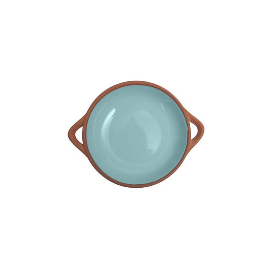 Small glazed terracotta tapas dish in duck egg blue