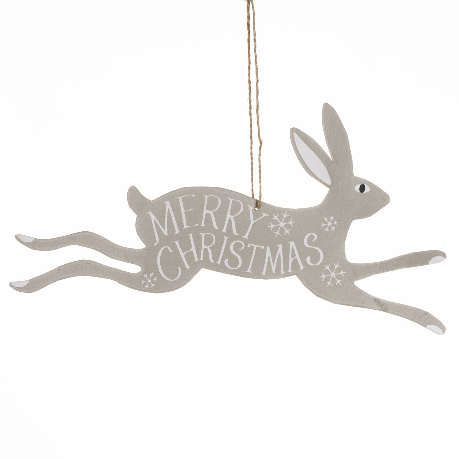 Gray rabbit-shaped Christmas decoration with 'Merry Christmas' 