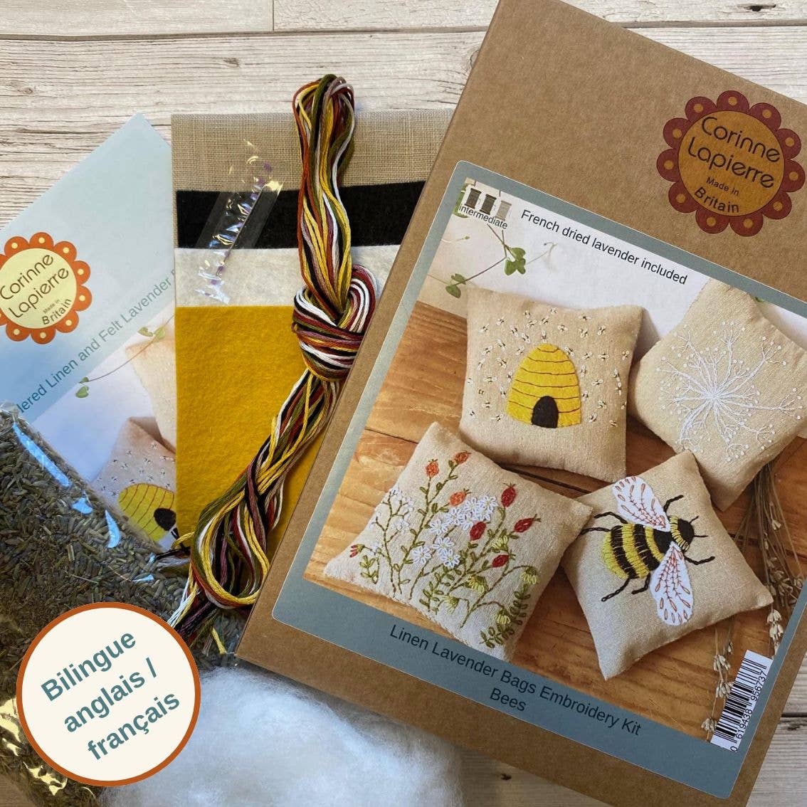 Linen Lavender Bags Embroidery Kit - Bees