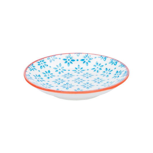 Blue Flower with orange trim dipping saucer