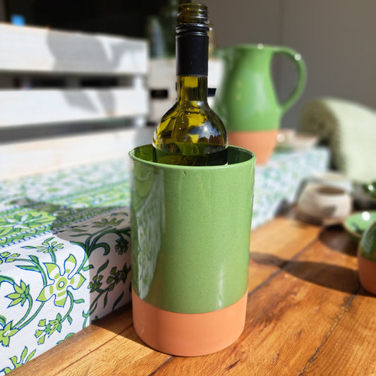 Glazed terracotta wine cooler in green