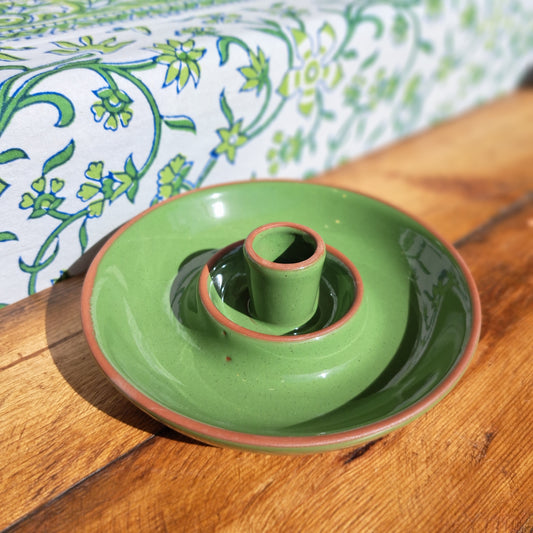 Glazed terracotta olive dish in green