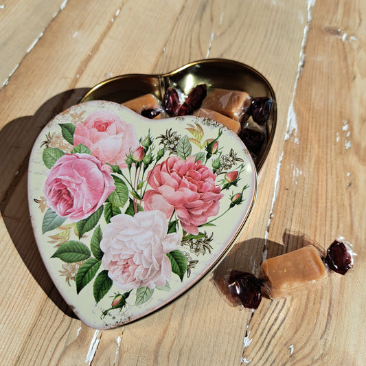 Heart shaped tin with fudge